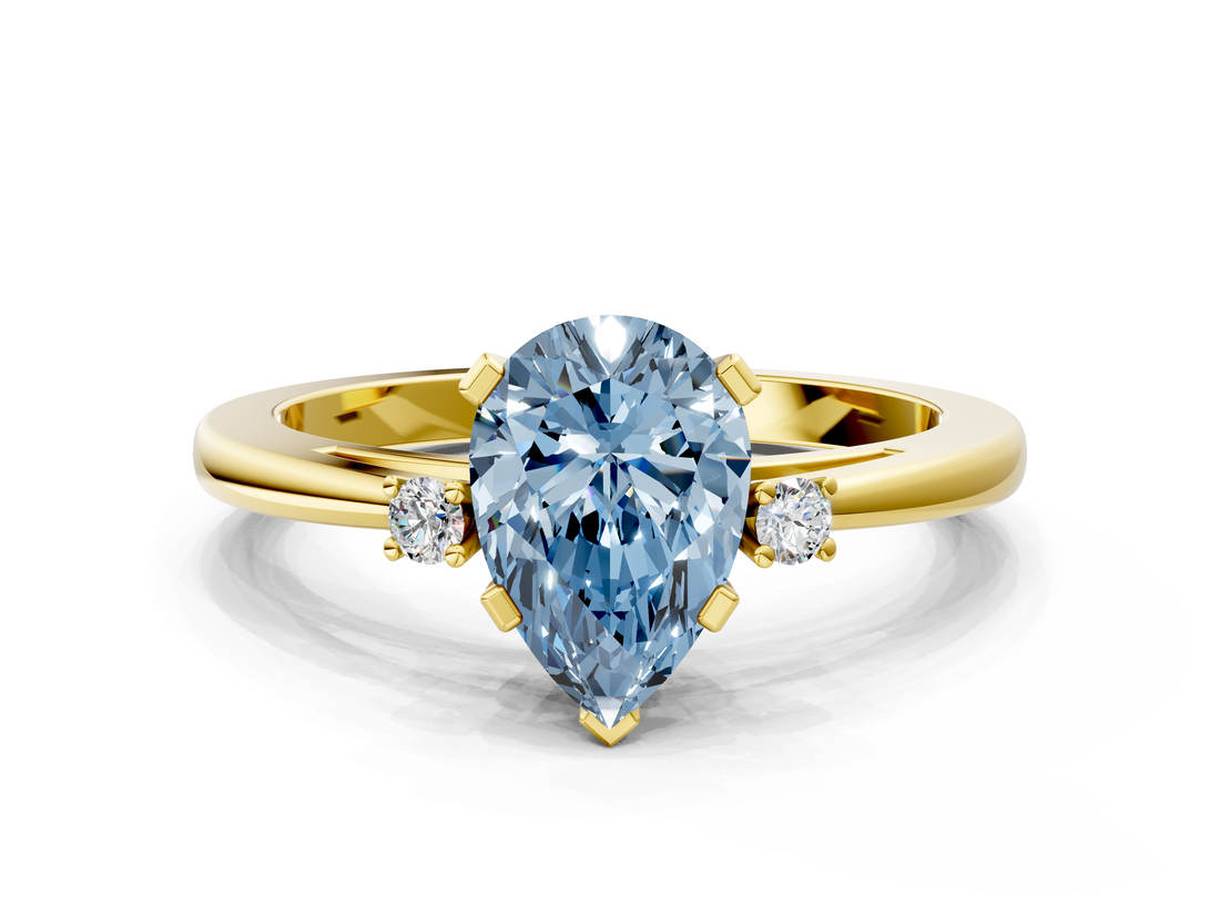 Yellow gold Fancy Blue Pear  Cut Three-Stone Solitaire Ring with Round Accent Diamonds and Four-Prong Setting_20