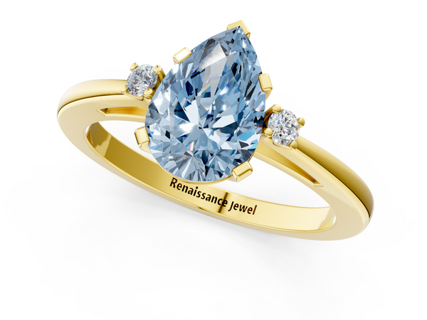 Yellow gold Fancy Blue Pear  Cut Three-Stone Solitaire Ring with Round Accent Diamonds and Four-Prong Setting
