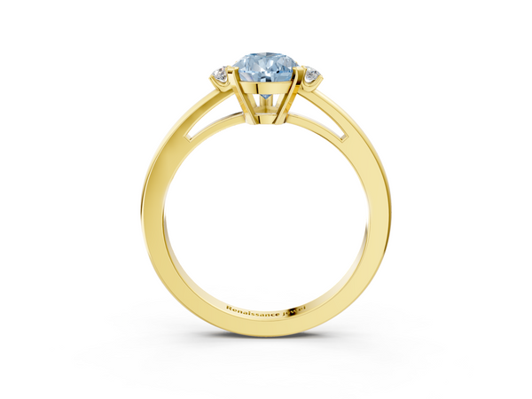 Yellow gold Fancy Blue Pear  Cut Three-Stone Solitaire Ring with Round Accent Diamonds and Four-Prong Setting