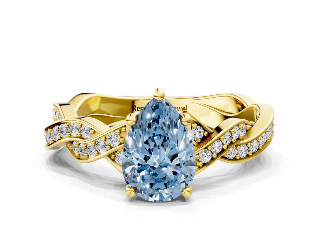 Yellow gold Fancy Blue Pear  Cut Twisted Pavé Band Solitaire Ring with Four-Prong Setting_54