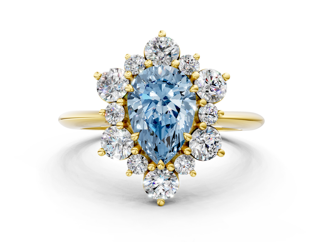 Yellow gold Fancy Blue Pear  Diamond Cluster Halo Ring with Solitaire Band and Four-Prong Setting_19