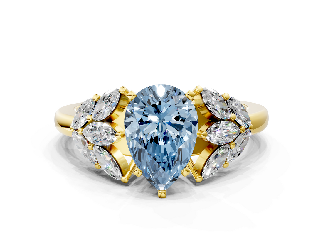 Yellow gold Fancy Blue Pear  Diamond Cluster Leaf Design Ring with Prong Setting_50