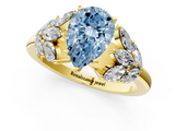 Yellow gold Fancy Blue Pear  Diamond Cluster Leaf Design Ring with Prong Setting_51