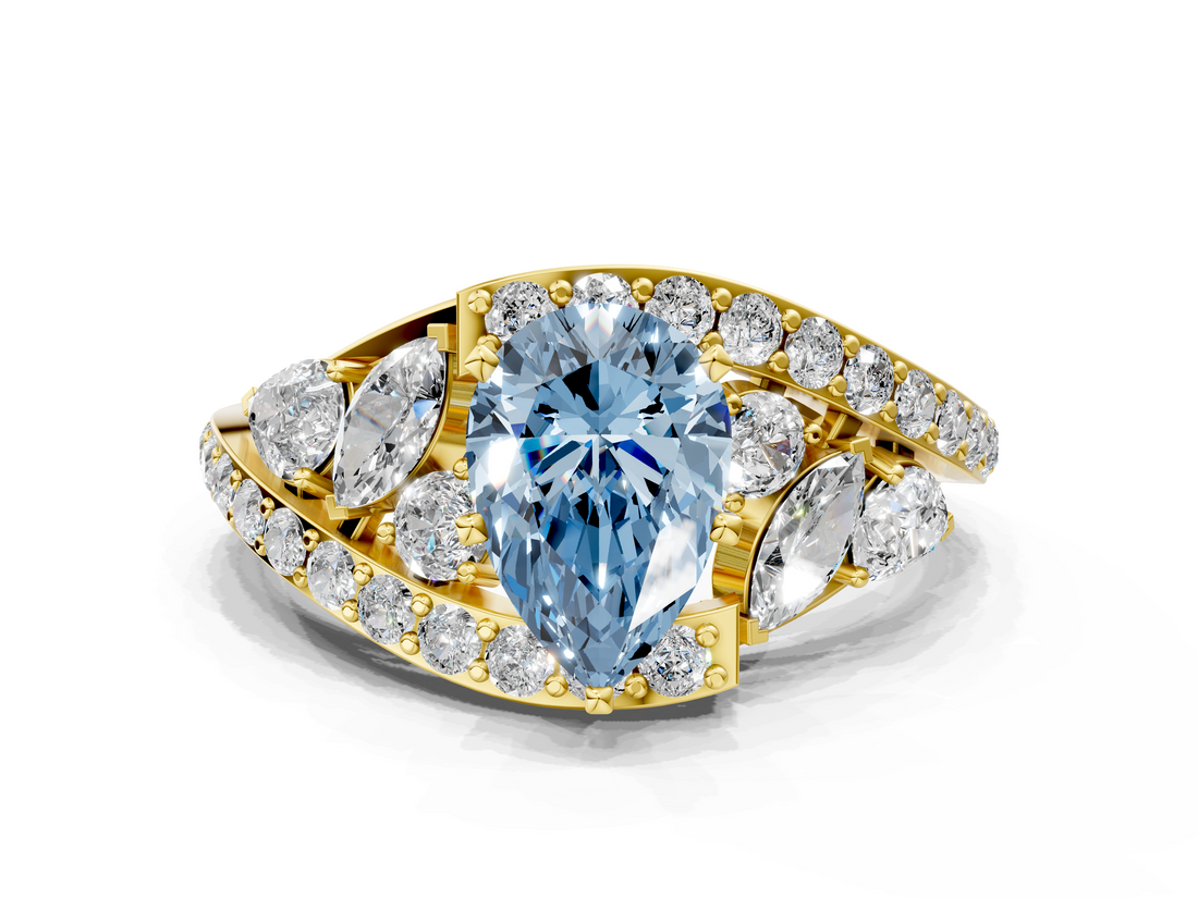 Yellow gold Fancy Blue Pear  Diamond Halo Ring with Marquise and Pavé Band in Prong Setting_65