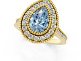 Yellow gold Fancy Blue Pear  Diamond Halo Ring with Milgrain Frame and Pavé Band 1