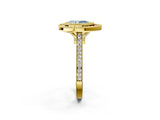 Yellow gold Fancy Blue Pear  Diamond Halo Ring with Milgrain Frame and Pavé Band 2