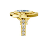 Yellow gold Fancy Blue Pear  Diamond Halo Ring with Milgrain Frame and Pavé Band 5