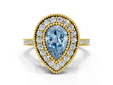 Yellow gold Fancy Blue Pear  Diamond Halo Ring with Milgrain Frame and Pavé Band