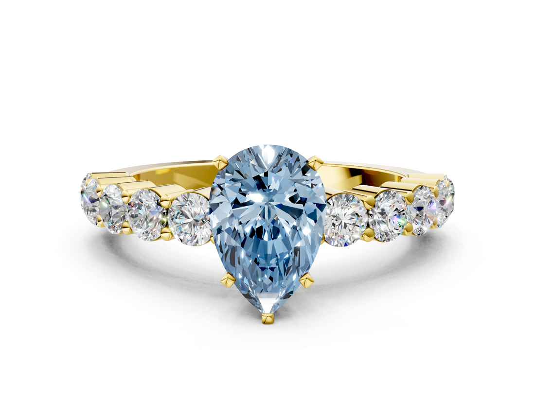 Yellow gold Fancy Blue Pear  Diamond Pavé Band Solitaire with Four-Prong Setting_3