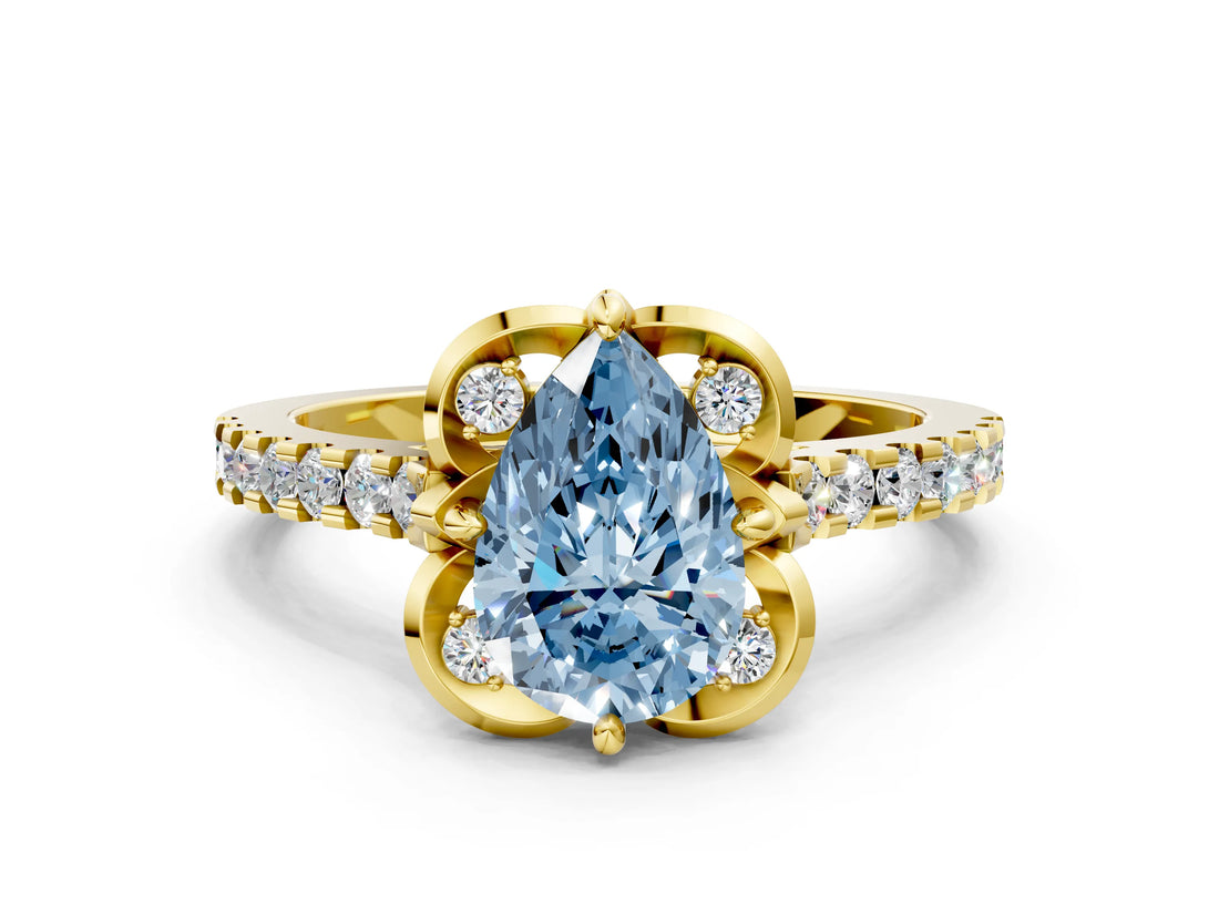Yellow gold Fancy Blue Pear  Diamond Pave Band with Floral Prong Setting_27