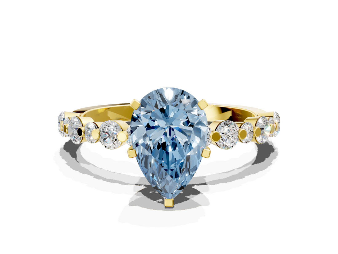 Yellow gold Fancy Blue Pear  Diamond Prong Set Engagement Ring with Pave Band_204