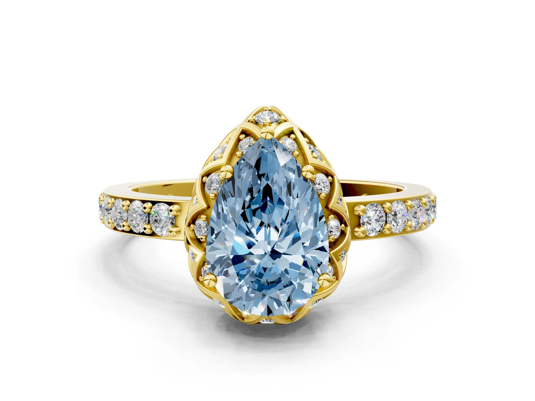 Yellow gold Fancy Blue Pear  Diamond Solitaire Ring with Shared Prong Pavé Band_65