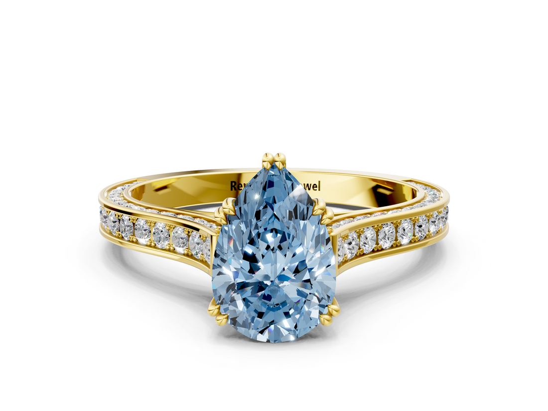 Yellow gold Fancy Blue Pear  Diamond Solitaire with Pave Band and Six-Prong Setting_20
