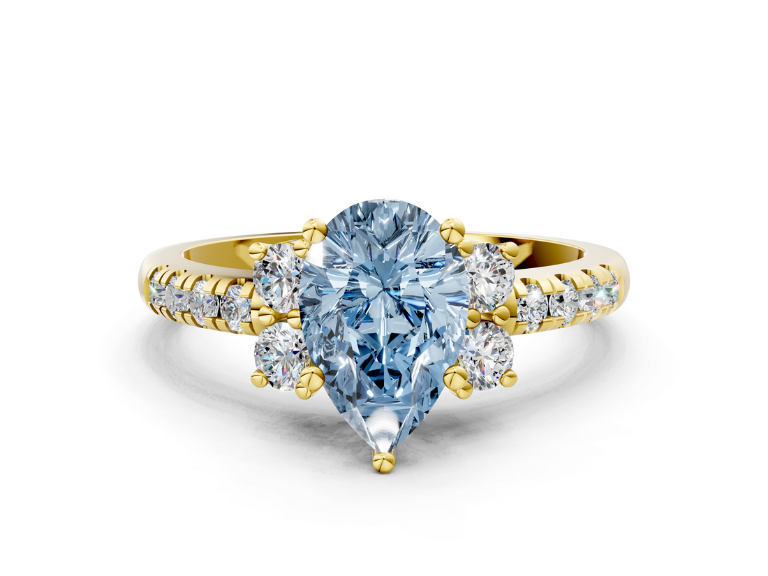 Yellow gold Fancy Blue Pear  Diamond Three-Stone Pave Band with Four-Prong Setting_20