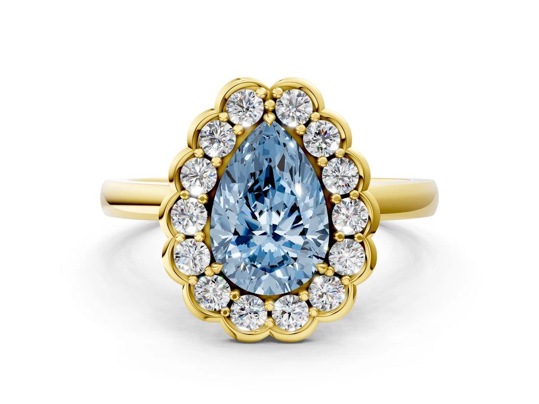 Yellow gold Fancy Blue Pear  Halo Cluster Diamond Engagement Ring with Solitaire Band and Prong Setting_48