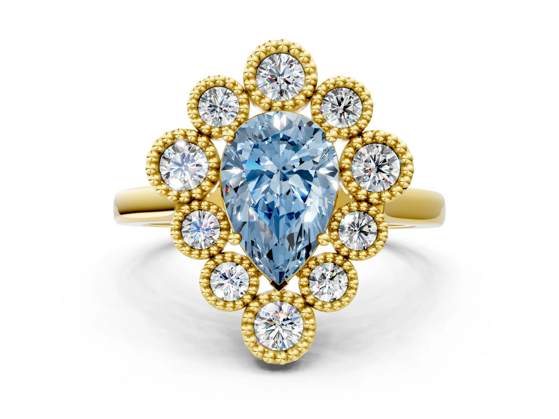 Yellow gold Fancy Blue Pear  Halo Diamond Cluster Engagement Ring with Milgrain Bezel Setting and Solitaire Band_45
