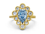 Yellow gold Fancy Blue Pear  Halo Diamond Cluster Engagement Ring with Milgrain Bezel Setting and Solitaire Band_45