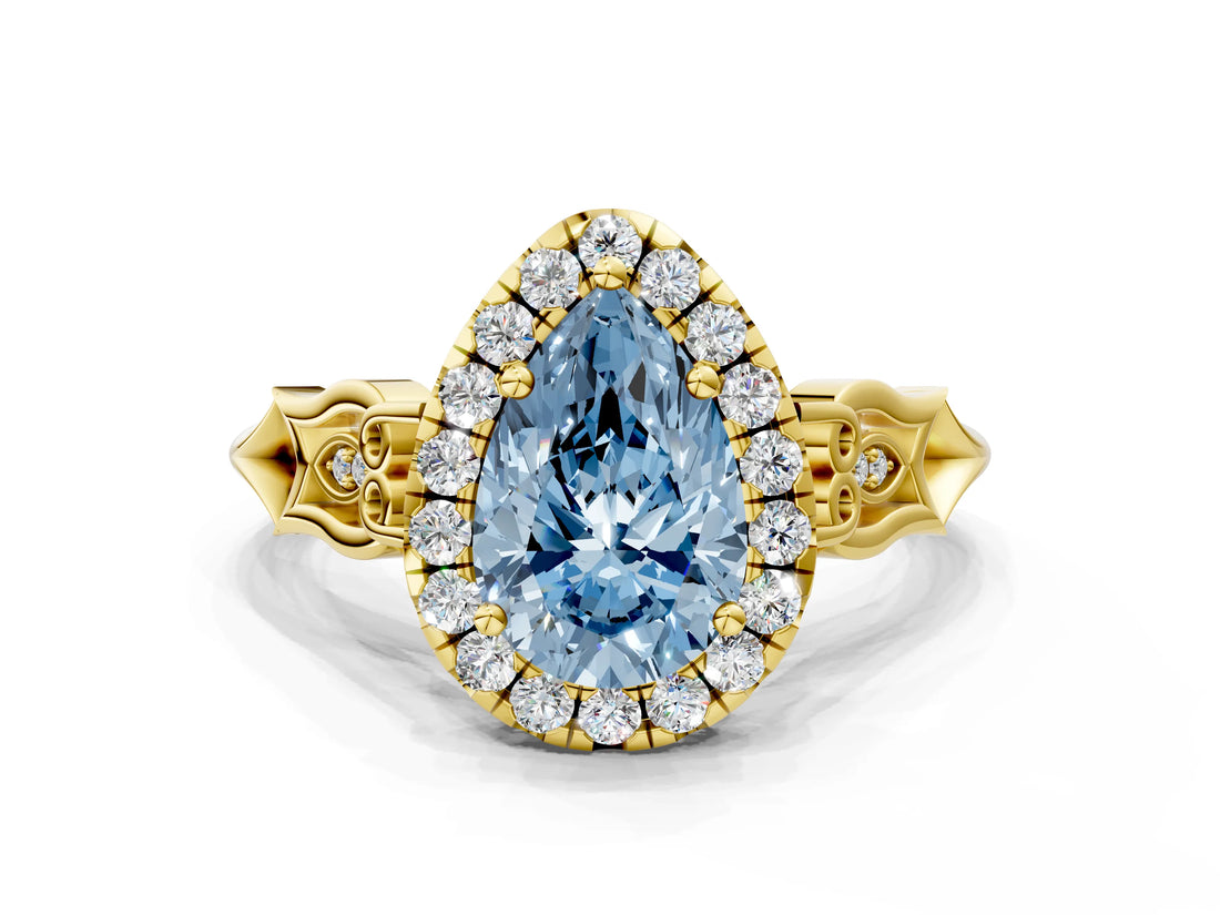 Yellow gold Fancy Blue Pear  Halo Diamond Engagement Ring with Filigree Band and Four-Prong Setting_81