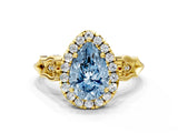 Yellow gold Fancy Blue Pear  Halo Diamond Engagement Ring with Filigree Band and Four-Prong Setting_81