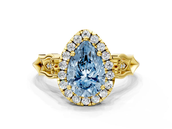 Yellow gold Fancy Blue Pear  Halo Diamond Engagement Ring with Filigree Band and Four-Prong Setting