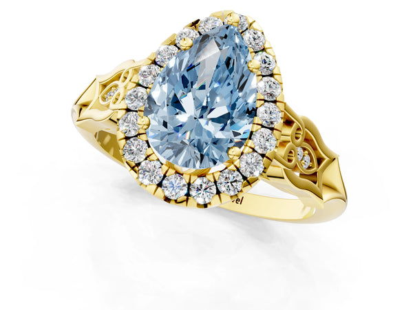 Yellow gold Fancy Blue Pear  Halo Diamond Engagement Ring with Filigree Band and Four-Prong Setting