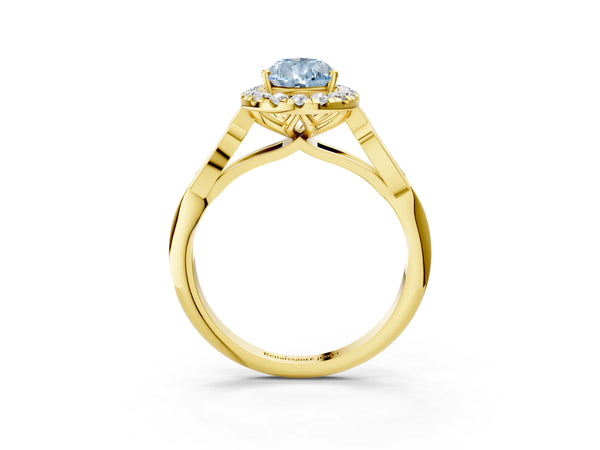 Yellow gold Fancy Blue Pear  Halo Diamond Engagement Ring with Filigree Band and Four-Prong Setting