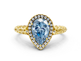 Yellow gold Fancy Blue Pear  Halo Diamond Engagement Ring with Intricate Filigree Band and Four-Prong Setting_54