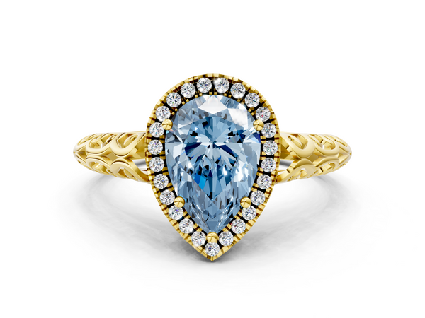 Yellow gold Fancy Blue Pear  Halo Diamond Engagement Ring with Intricate Filigree Band and Four-Prong Setting