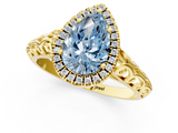 Yellow gold Fancy Blue Pear  Halo Diamond Engagement Ring with Intricate Filigree Band and Four-Prong Setting_55