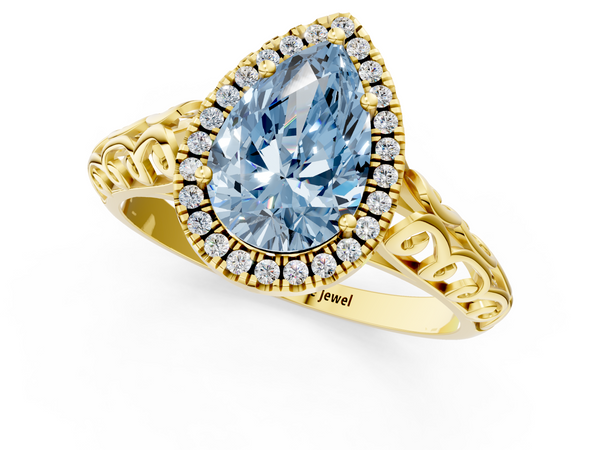 Yellow gold Fancy Blue Pear  Halo Diamond Engagement Ring with Intricate Filigree Band and Four-Prong Setting