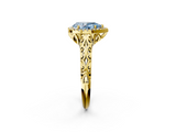 Yellow gold Fancy Blue Pear  Halo Diamond Engagement Ring with Intricate Filigree Band and Four-Prong Setting_56