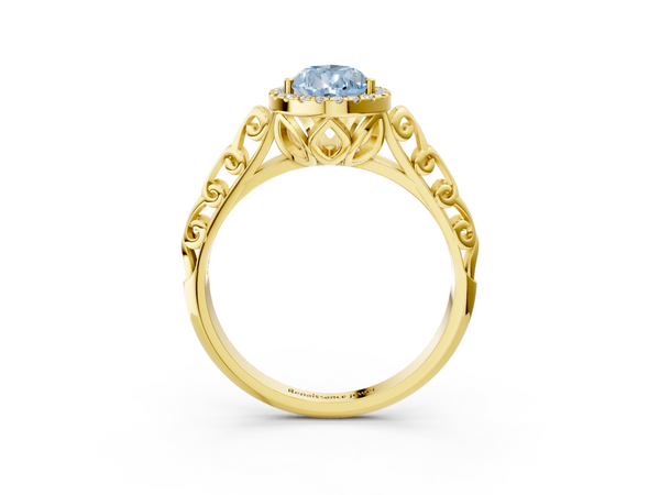 Yellow gold Fancy Blue Pear  Halo Diamond Engagement Ring with Intricate Filigree Band and Four-Prong Setting