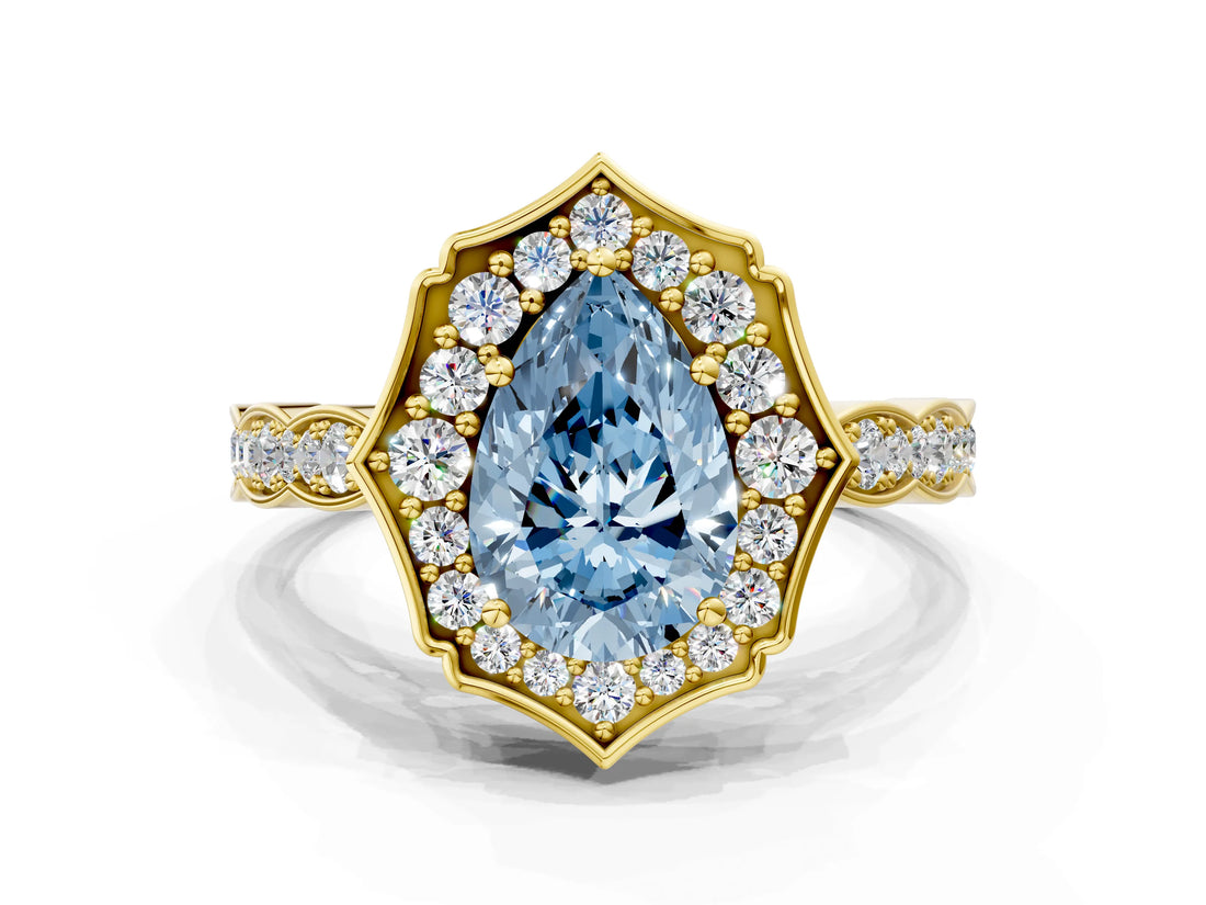 Yellow gold Fancy Blue Pear  Halo Diamond Engagement Ring with Milgrain Band and Four-Prong Setting_73