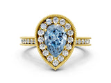 Yellow gold Fancy Blue Pear  Halo Diamond Engagement Ring with Milgrain Pave Band and Four-Prong Setting_12