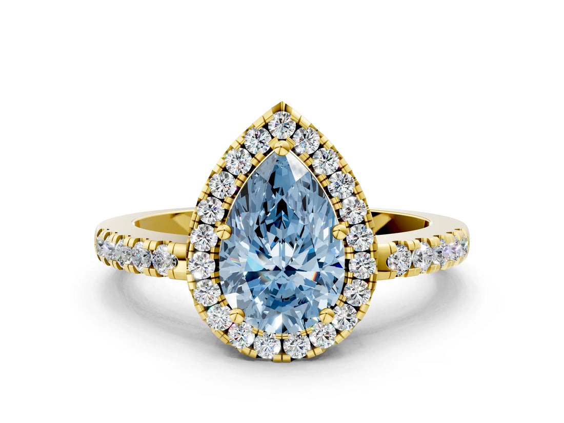 Yellow gold Fancy Blue Pear  Halo Diamond Engagement Ring with Pavé Band and Four-Prong Setting_81