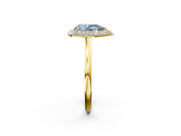 Yellow gold Fancy Blue Pear  Halo Diamond Engagement Ring with Solitaire Band and Four-Prong Setting