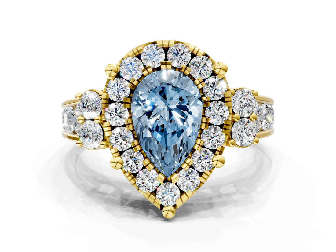 Yellow gold Fancy Blue Pear  Halo Diamond Engagement Ring with Split Shank and Four-Prong Setting_43