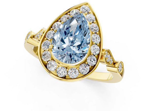 Yellow gold Fancy Blue Pear  Halo Diamond Engagement Ring with Twisted Band and Four-Prong Setting