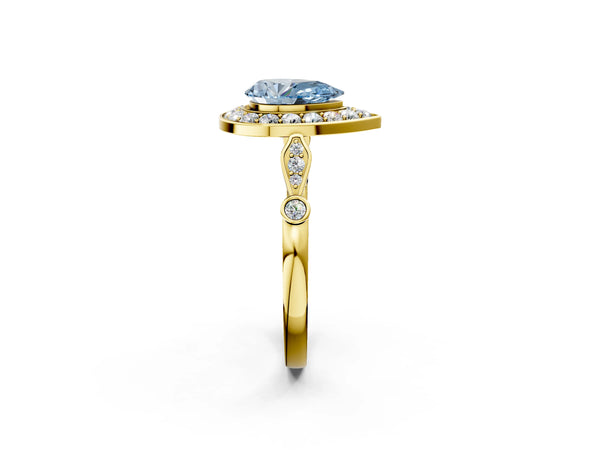 Yellow gold Fancy Blue Pear  Halo Diamond Engagement Ring with Twisted Band and Four-Prong Setting