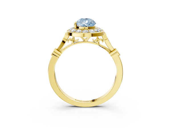 Yellow gold Fancy Blue Pear  Halo Diamond Engagement Ring with Twisted Band and Four-Prong Setting