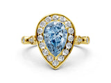 Yellow gold Fancy Blue Pear  Halo Diamond Engagement Ring with Twisted Band and Four-Prong Setting