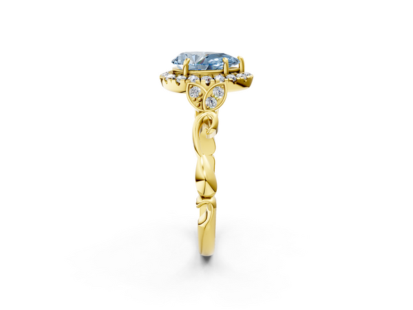 Yellow gold Fancy Blue Pear  Halo Diamond Engagement Ring with Vintage-Inspired Band and Four-Prong Setting