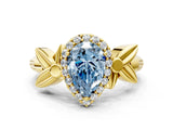 Yellow gold Fancy Blue Pear  Halo Diamond Floral Band with Four-Prong Setting_55