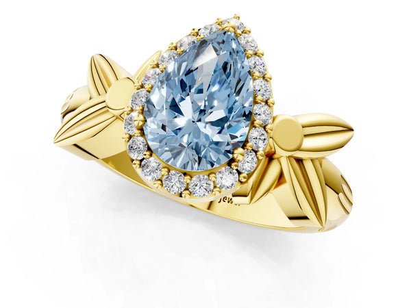 Yellow gold Fancy Blue Pear  Halo Diamond Floral Band with Four-Prong Setting