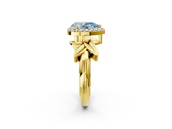 Yellow gold Fancy Blue Pear  Halo Diamond Floral Band with Four-Prong Setting