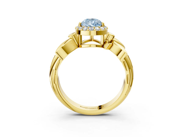 Yellow gold Fancy Blue Pear  Halo Diamond Floral Band with Four-Prong Setting