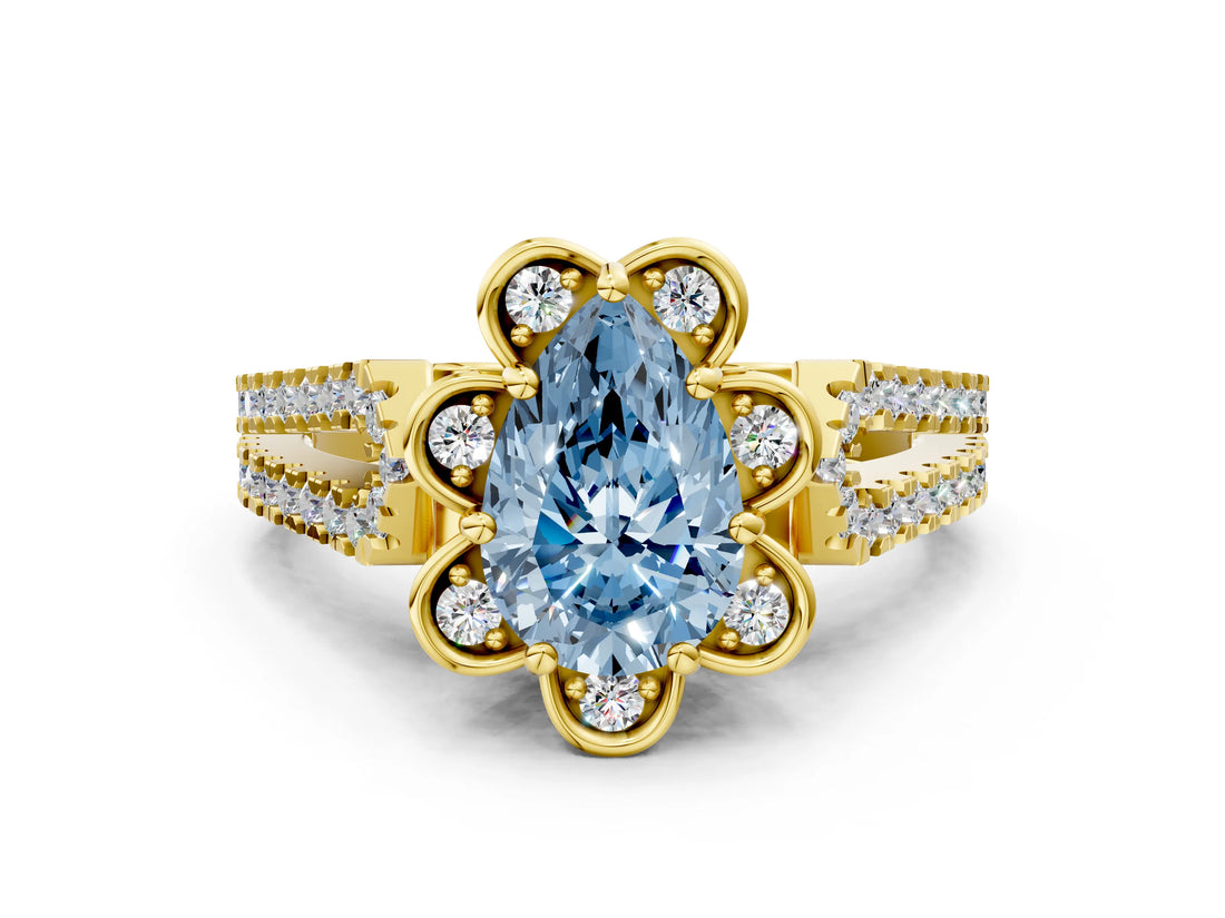 Yellow gold Fancy Blue Pear  Halo Diamond Floral Split Shank Engagement Ring 1