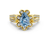 Yellow gold Fancy Blue Pear  Halo Diamond Floral Split Shank Engagement Ring 1
