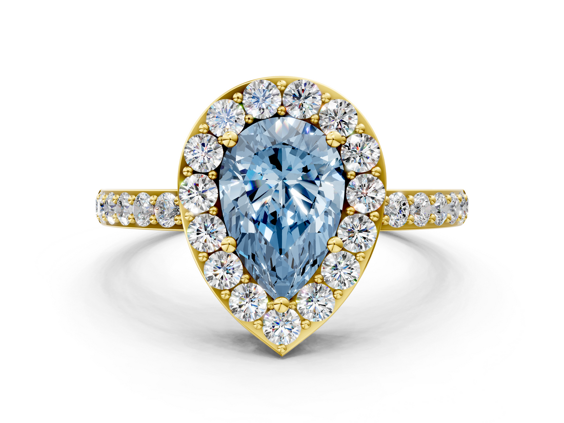 Yellow gold Fancy Blue Pear  Halo Diamond Pavé Band Ring with Prong Setting_20