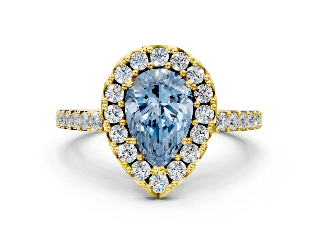 Yellow gold Fancy Blue Pear  Halo Diamond Pavé Solitaire Ring_63